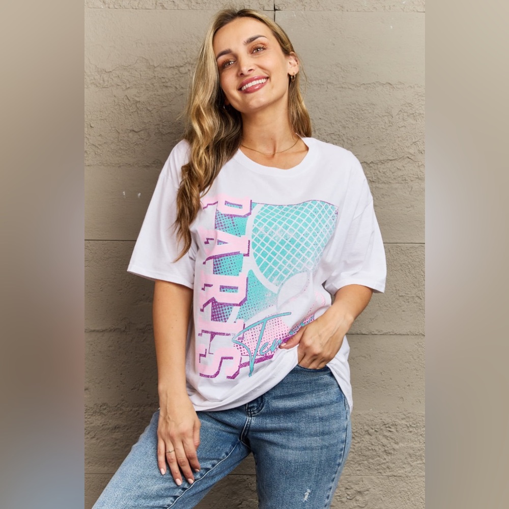🌟NEW, CHIC**-Sweet Claire "Paris Tennis" Graphic T-Shirt OFFERS WELCOME